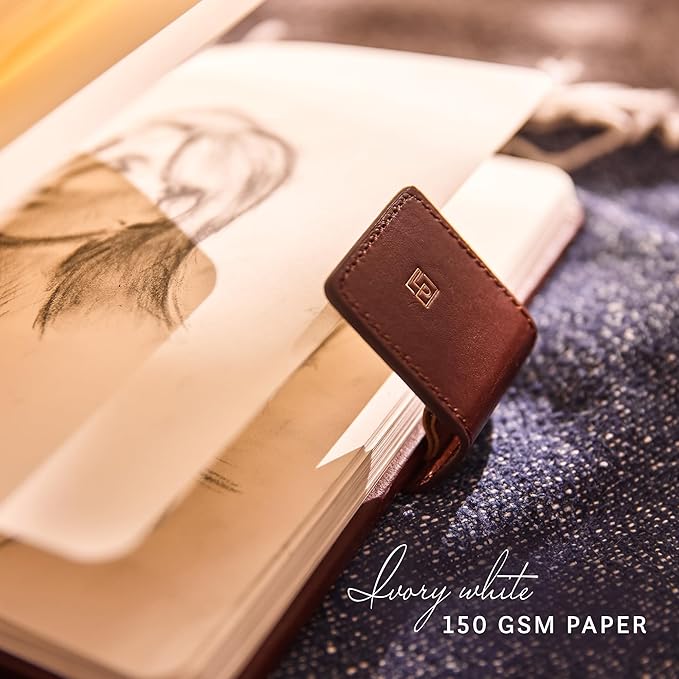 Luxury Leather Sketchbook, Hardcover Drawing Notebook, Pen Loop/Magnetic Closure, Acid Free 150gsm Thick Paper, Full Grain Leather Artisan Collection by Leatherpress (9.3” x 7.8” x .9”)