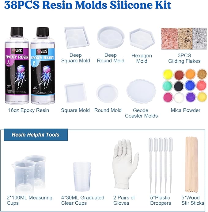 LET'S RESIN Coaster Kit, 16oz DIY Epoxy Resin Kit with Molds and Mica Powder Complete Set, Crafts for Adults, Beginners, Ideal Starter DIY Art Supplies Gift Set for Adults