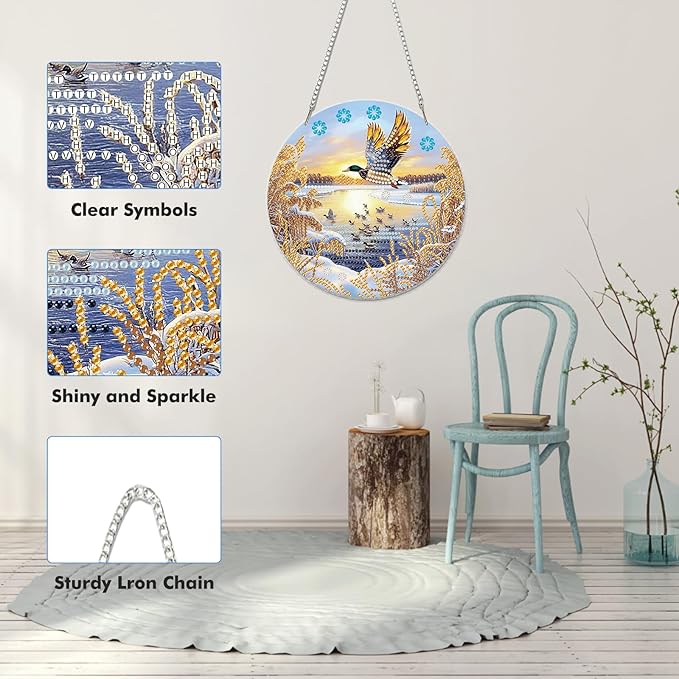 Miwixy Mallard Hanging Diamond Art Kits for Adults,Lakeside Duck Special Shaped Crystal Christmas Diamond Painting Ornament Kit DIY Double-Sided Pattern Window Pendant Gem Art Kit for Home Wall Decor