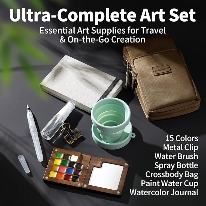 Mini Watercolor Paint Set, All-in-One 15-Color Walnut Wood Travel Kit with Crossbody Bag, Watercolor Journal, Metal Clip, Water Cup, Water Brush, Portable Pocket Art Set for Adult Art Lovers (Brown)