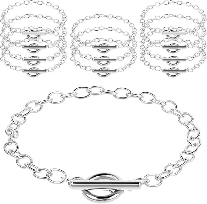 Prasacco 12 Pcs Chains Bracelets for Jewelry Making, Chain for Women, Link Chain Bracelets with OT Toggle Clasp, Charm Bracelets for Jewelry Making (Silver)
