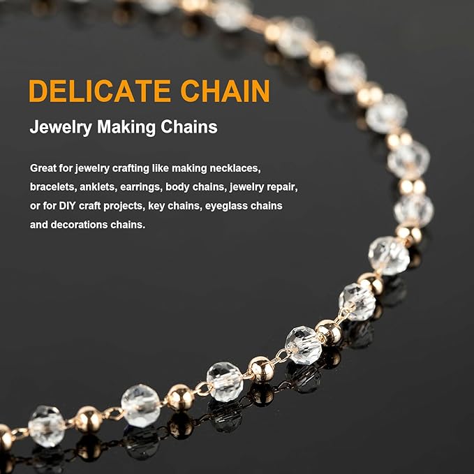 KYUNHOO 16.4 Feet Gold Plated Brass Beaded Jewelry Chain Bulk Clear Glass Crystal Necklace Chain for Women Jewelry Making Supplies Findings