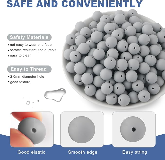 150Pcs 15mm Silicone Beads for Keychain Making Bracelet Necklace, Bulk Round Silicone Beads for Pens(Light Gray)