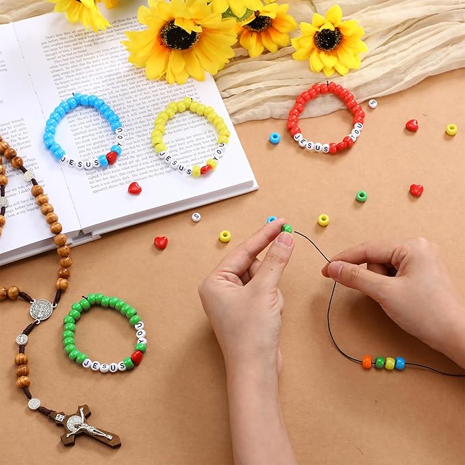 Ferreve 35 Sets Easter Rainbow Religious Bead Wristband Craft Kit Jesus Love You Faith DIY Bead Craft Kit Love Letter Charms for Vbs Week Sunday School Christian Bible Verse Gifts Making