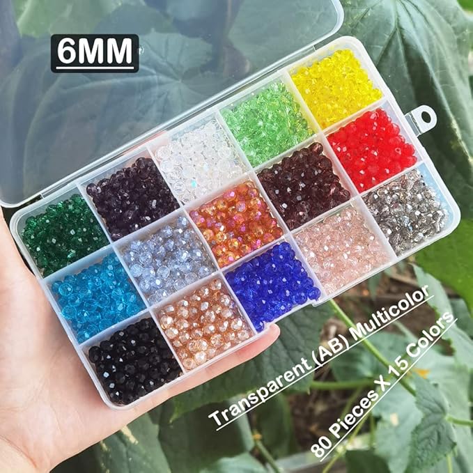 INSPIRELLE 1200pcs 6mm Multicolor Transparent Rondelle Glass Beads for Jewelry Making Faceted Briolette Shape Crytal Spacer Beads Assortments Supplies for Bracelet Necklace with Storage Box