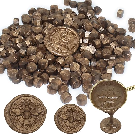 250pcs Wax Seal Beads Bronze, Andotopee Premium Sealing Wax Beads for Stamp Seals, Octagon Metallic Seal Stamp Pellets Refill Pack for Wedding Invitation, Letter Envelope, Scrapbook DIY Craft (Bronze)