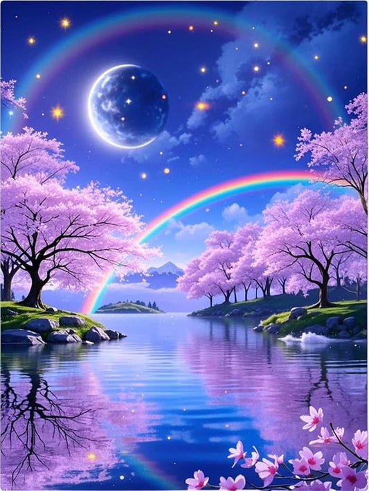 PINFFSHU 5D Diamond Painting Kits for Adults - Fantasy Starry Sky, Pink Cherry Blossoms & Magical Moonlit Rainbows DIY Full Drill Art, Sparkling Enchanted Landscape Wall Decor 12x16 Inches (30x40cm)