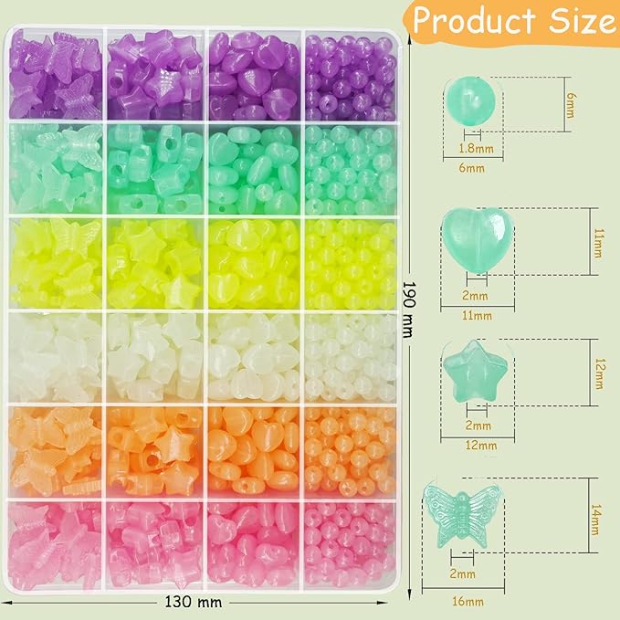 888Pcs Glow in The Dark Beads Star Beards Butterfly Beads Heart Beads UV Beads Color Changing Sun Sensitive Luminous Beads Plastic Beads Fun Cute Solar Beads Bulk for Bracelet Necklace Jewelry Making