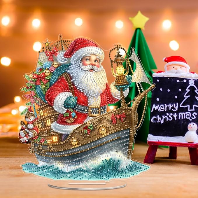 LAKEQUILL Christmas Diamond Painting Kits, Tabletop Ornament, Stand Up Diamond Art Desktop Kits for Home Office Decor, New Year Gift - Santa Claus & Boat