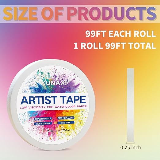 1 Pack Art Tape, Artist Tape for Watercolor Paper Low Tack White Painters Tape for Drafting Art Painting Canvas Framing Acid Free Masking Tape-0.25IN Wide 99FT Long Total