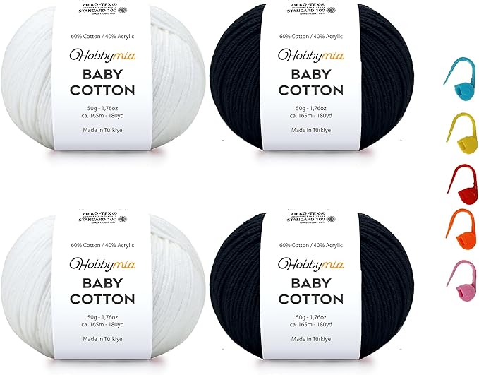 Baby Cotton Yarn Bundles for Crocheting - Each Ball is 50g / 180yds - (2) Fine, Sport Weight Yarn - Amigurumi Yarn, Crochet Thread - & 5 Stitch Makers (Black & White)