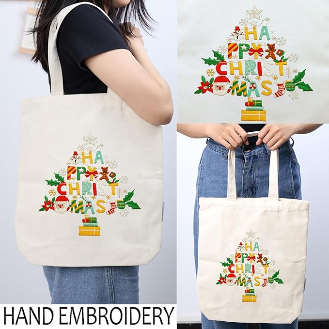 Canvas Tote Bag Embroidery Kit with Pattern for Beginners, Arts and DIY Embroidery Crafts Kits for Adults, Instructions, Thimble, Embroidery Hoops, Color Threads (Beige, CR002 Christmas Tree)