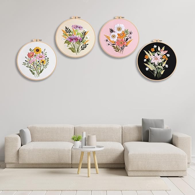 Picoey Flower Embroidery Kit for Beginners with Flower Pattern and Instructions,4 Pack Cross Stitch Kits,2 Wooden Embroidery Hoops,Threads and Needles,Needlepoint Kit for Adults