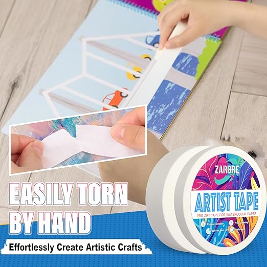 Artist Tape, 2 Pack White Art Tape for Watercolor Paper, Medium Tack Masking Drafting Tape for Painting Canvas Framing, Acid-Free, 0.5" x 164 FT & 1" x 164 FT