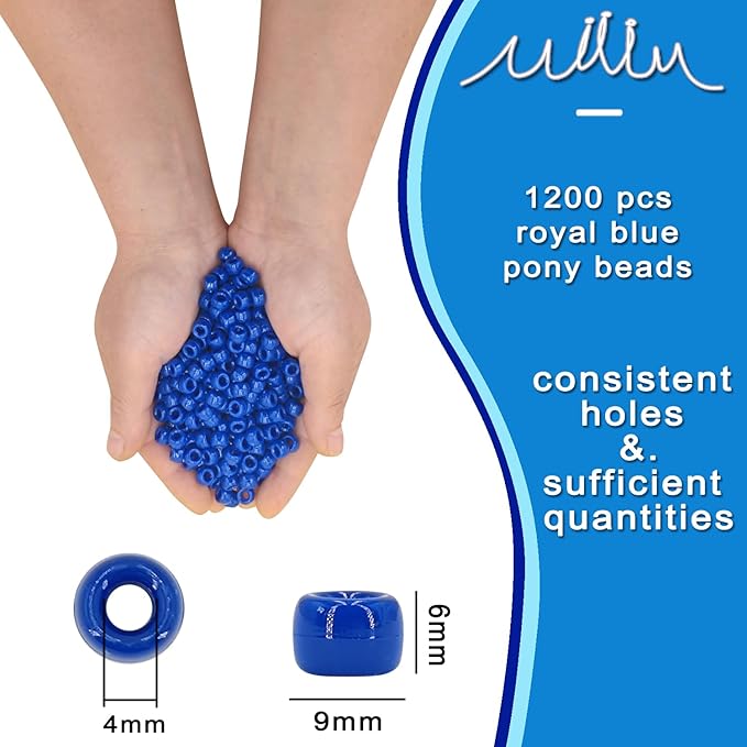 MIIIM 1200PCS 6x9mm Pony Beads Bulk, Royal Blue Pony Beads for Bracelets Making Kit, Kandi, Hair Braids Crafts for Jewelry Making (Royal Blue)