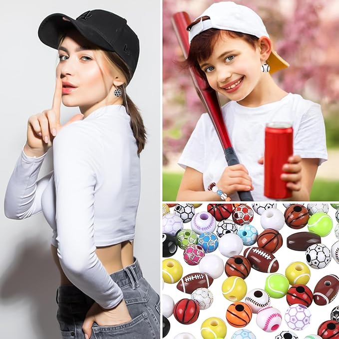 100 Pcs Sports Ball Beads Bulk with 5.5 Yard Elastic Rope,Acrylic Softball American Football Basketball Volleyball Baseball Tennis Beads for DIY Bracelet Necklace Keychain Jewelry Making Accessories