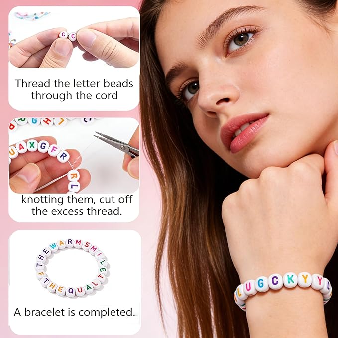 sutoug 1000pcs letter beads for threading, 4 x 7 mm acrylic round alphabet beads for jewellery diy making crafts bracelets necklaces ornaments-white