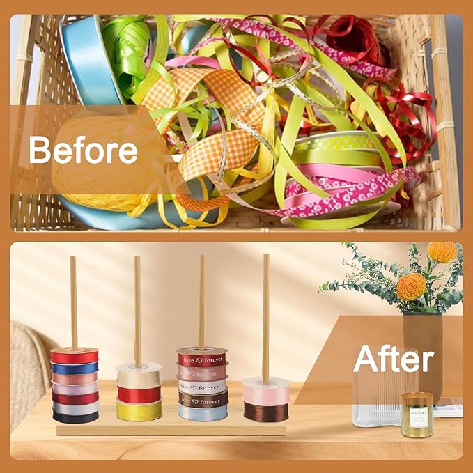 Wooden Ribbon Rack Storage, 2 Pcs Ribbon Organizer Spool Holders, Washi Tape Organizer Wire Spool Stand Holder for Sewing Craft Mesh Thread Tape Wreath Crochet Roll Florist Arts Wrapping Gift