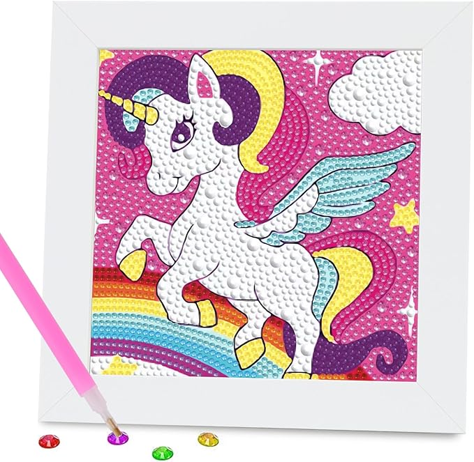 FlyingMage 5D Diamond Art Painting Kits with Wooden Frame, Cute DIY Diamond Art Mosaic Kits for Adults Women Teen, Kawaii Diamond Crafts Arts Full Drill Diamond Dots (Pink Unicorn)