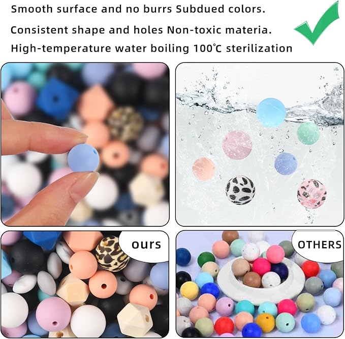 CZWZ 141pcs Silicone Beads for Keychain Making Kit 15mm 12mm Round 14mm Polygonal Silicone Loose Beads Bulk for Pens Bracelet Necklace Crafts Making