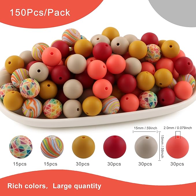 150Pcs Mixed Color 15mm Silicone Beads for Keychain Making, Orange Mustard Yellow Print Silicone Beads for Pens and Bracelet Jewelry Making