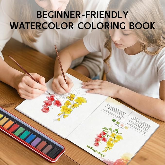 Watercolor Workbook for Beginners, Watercolor Paint Set, Arts & Crafts Water Color Book Notebook Practice Coloring Book for Adults and Teens with 12 Colors Painting Set & Brush (Flowers)