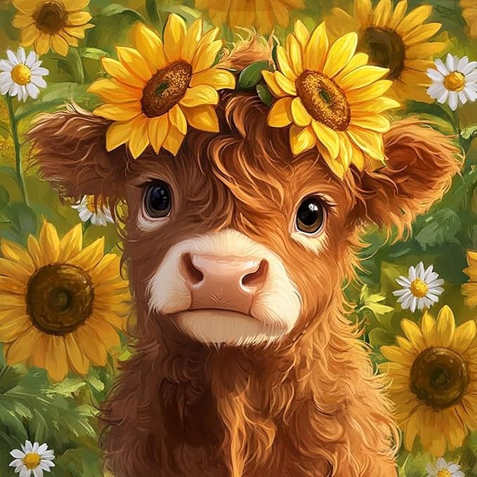 stamping cross stitch kit highland cow, counting cross stitch kit for adult beginners sunflower, cow full line diy cross stitch stitching kit for home decor cross stitch patterns 13.7x13.7 inches
