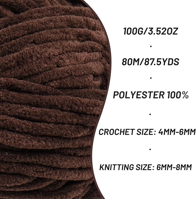 2 Pack Chunky Chenille Yarn for Crocheting, Baby Yarn for Crocheting Soft Blanket, 174.9 yds /7 oz Crochet Yarn, Bulky 5 Amigurumi Yarns, Fluffy Velvet Yarns for Knitting Crafts (2 Coffee)