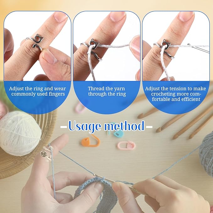 HUISUYTON 9PCS Crochet Ring for Finger, Adjustable Crochet Tension Ring, Yarn Rings for Crocheting Knitting Christmas Gifts for Women