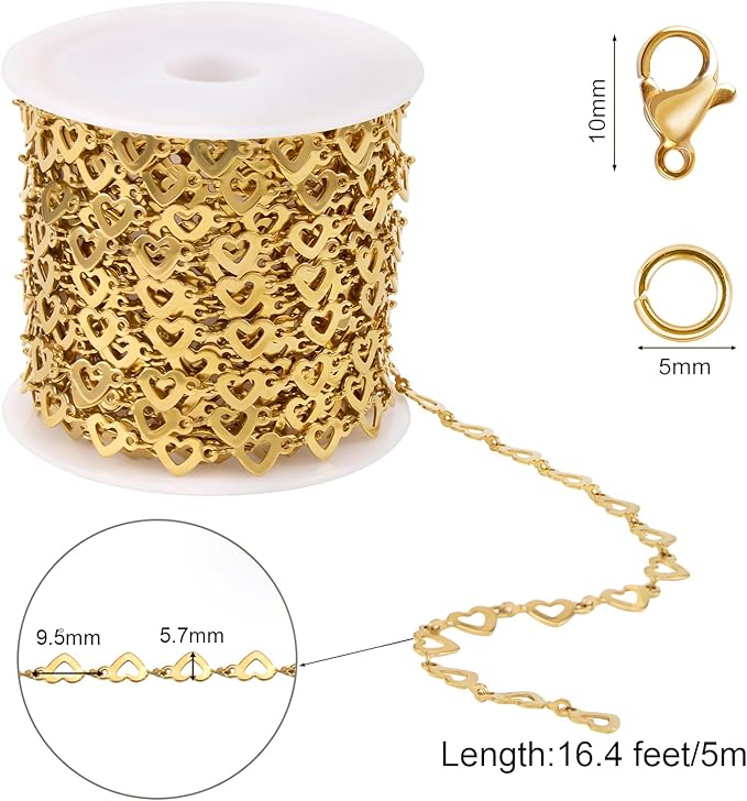 SMYHTGLIF 5 Meters Flat Heart Chain Bulk for Jewelry Making Stainless Steel Chain Bulk Roll with Lobster Clasps and Jump Rings