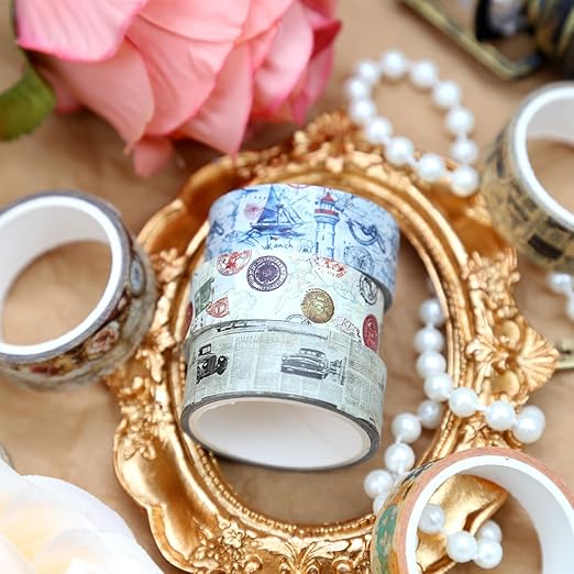 Vintage Washi Tape Set, 16 Rolls, Multicolored, 3m x 15mm, Travel Themed Designs, Ideal for Scrapbooking, Journaling, Gift Wrapping