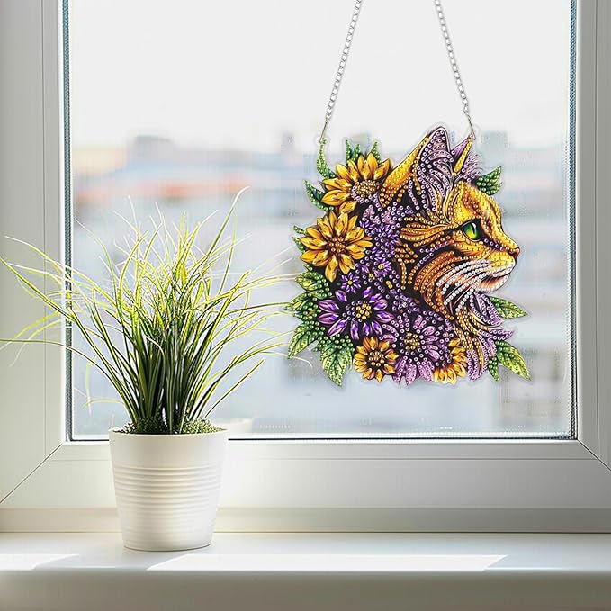 SENQAO DIY Acrylic Diamond Art Painting Cat Kits Special Shaped Rhinestone Diamond Art Window Pendants Home Garden Wall Hanging Kits Hanging Ornament