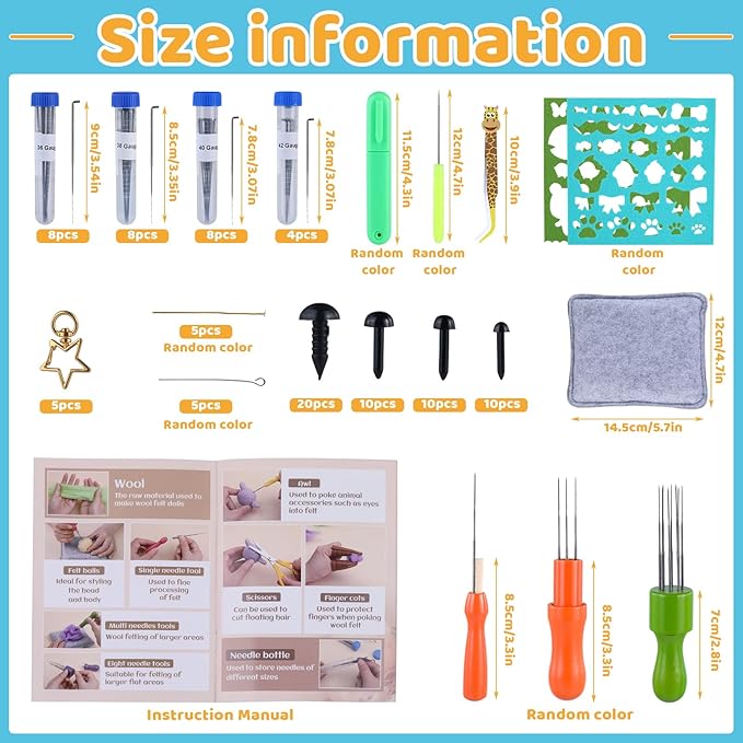 JNENERY Needle Felting Kit, 42 Colors Wool Roving Starter Kit, Needle Felting Starter Kits, Needle Felting Wool with Felt Tools, Instructions, Green Storage Bag for Felted Animal