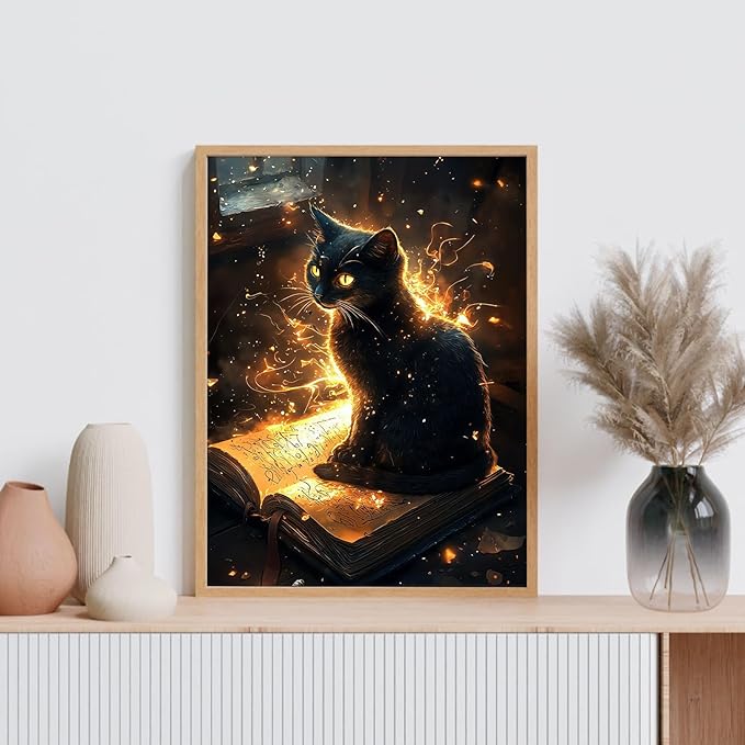 GEEHEIY Black Cat Diamond Art Kits for Adults, 5D Black Cat Diamond Painting Kits for Beginner, DIY Gem Art Dots for Adults, Perfect for Home Wall Decor 12x16 Inch