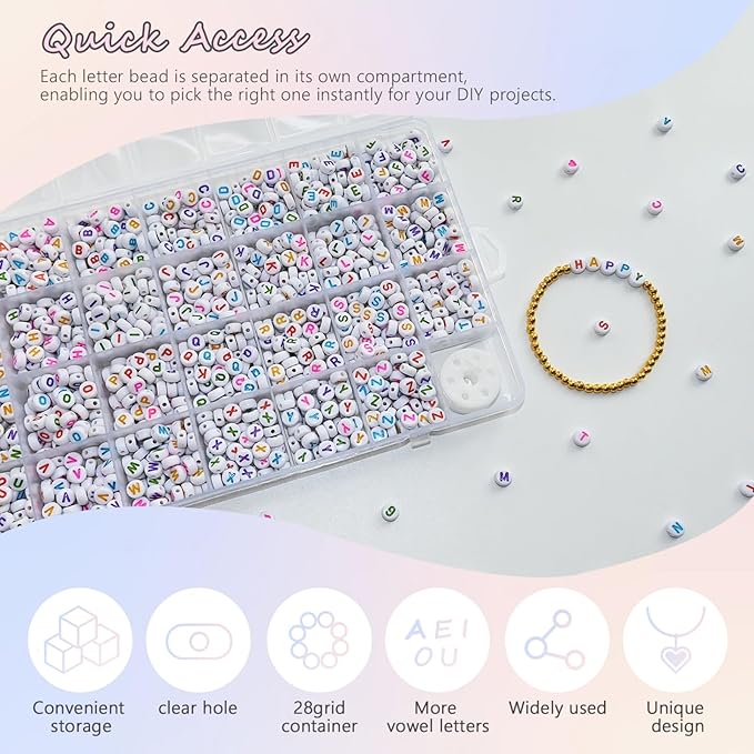 Amaney 1400pcs Colorful Letter Beads 4x7mm Alphabet A-Z Heart White Flat Round Acrylic Beads and Crystal Line for Jewelry Making Bracelets Necklaces Key Chains (Colorful Heart)
