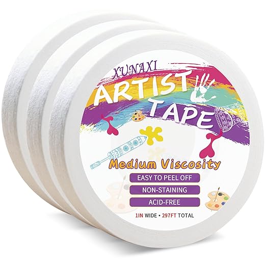 3 Packs Artist Tape Medium Tack White Art Tape for Watercolor Paper Drafting Art Painting Canvas Framing Acid Free Masking Tape- 1IN Wide 297FT Long Total