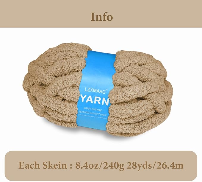 Chunky Yarn for Hand Knitting and Blankets – Super Soft Jumbo Chenille Yarn Pack for Crocheting, Bulky DIY Projects, 8 Skeins(Coffee)