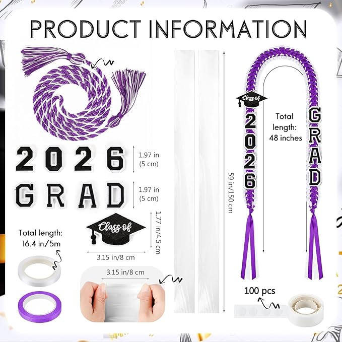 YLOLUL 16 Pcs Graduation Leis 2026 Graduation Candy Lei Kit with Honor Cord Class of 2026 Graduation Ribbon Double Lei Necklace Graduation Gift Party Accessories for Women Men