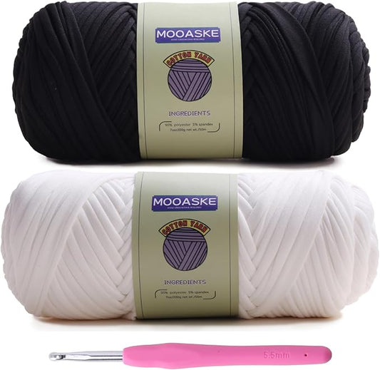 2 Pack T-Shirt Crochet Yarn for DIY Knitting Crochet Cloth Blanket Bag Dolls - 400g Chunky Thick Yarn for Crocheting with Polyester-Spandex Blend Elastic Fabric (Black+White)