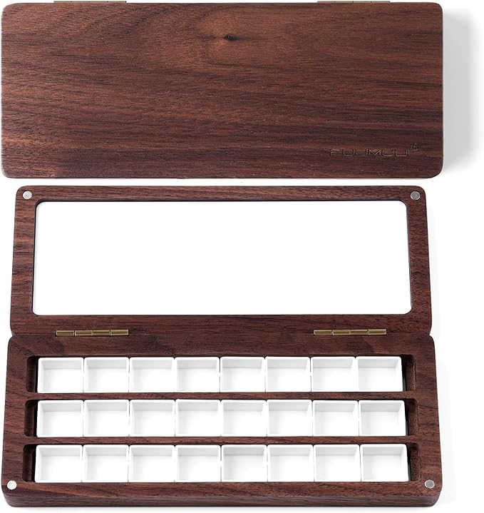 Fuumuui Watercolor Palette Box, Walnut Wood Palette Kit with Cover, 24 Empty Removable Half-pan Grids, Dual Tip Travel Brushes, for Watercolor Gouache Color Mixing, Pure White Palette