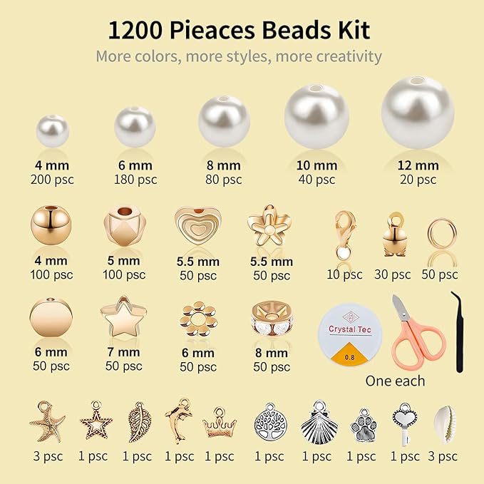 1200Pcs Pearl Beads for Bracelets, Bracelet Making Kit for Adults, Kids Friendship Bracelet Kits, Jewelry Making Kit with String and Charms for Girls Teens DIY Pearls Kit for Bracelet Necklace Earring