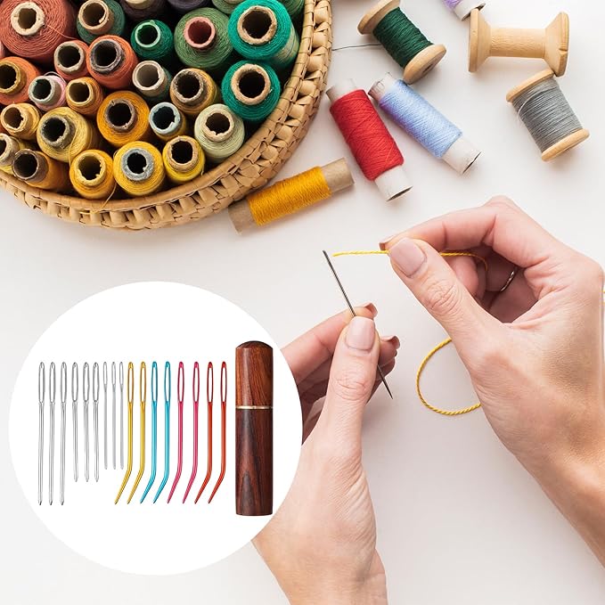 17pcs Large Eye Sewing Needles Kit with Wooden Case, Blunt Darning & Bent Tapestry Hand Yarn Needles Tool Supplies for Crochet Knitting Kandi Embroidery Projects