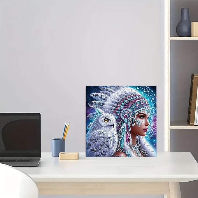 KUFWKEY Native Woman DIY 5D Partial Diamond Painting Kit for Beginners, Owl Diamond Art Kits for Adults,Special Shaped Crystal Sparkling Diamond Art, Frameless Diamond Mosaic Gem Art,12X12 inch