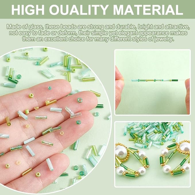 PH PandaHall 3500pcs Green Glass Beads Kits, 1000pcs Twist Bugle Beads, 12/0 2mm 1500pcs Round Glass Seeds Beads, 1000pcs 6mm Glass Tube Beads for Jewelry Sewing Bracelets Necklace Earring Christmas