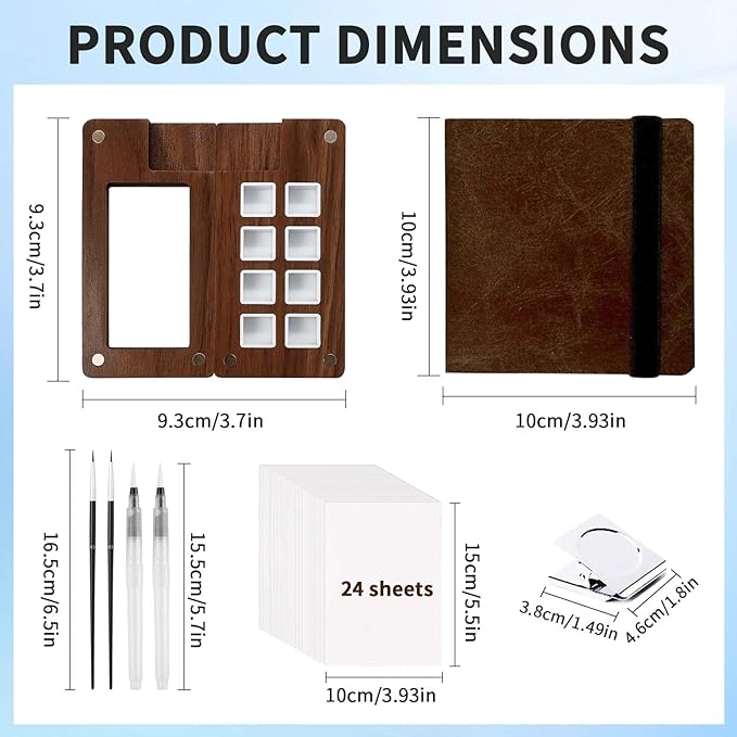 Mini Watercolor Paint Set - 3.7IN Mini Travel Watercolor Palette Set, Pocket Water Color Paint Palette Kit with 24 Colours, Sketchbook, Pens, Wooden Paints Box for Painters Artists