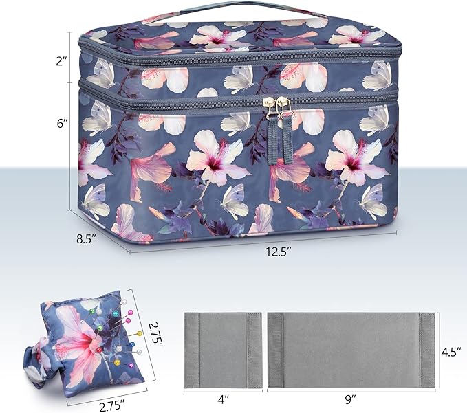 FINPAC Sewing Accessories Storage and Organizer Case, Double-Layer Sewing Kits Carrying Bag with Wrist Pin Cushion for Threads, Needles, Embroidery Floss Supplies, Felting Kits (Blooming Hibiscus)