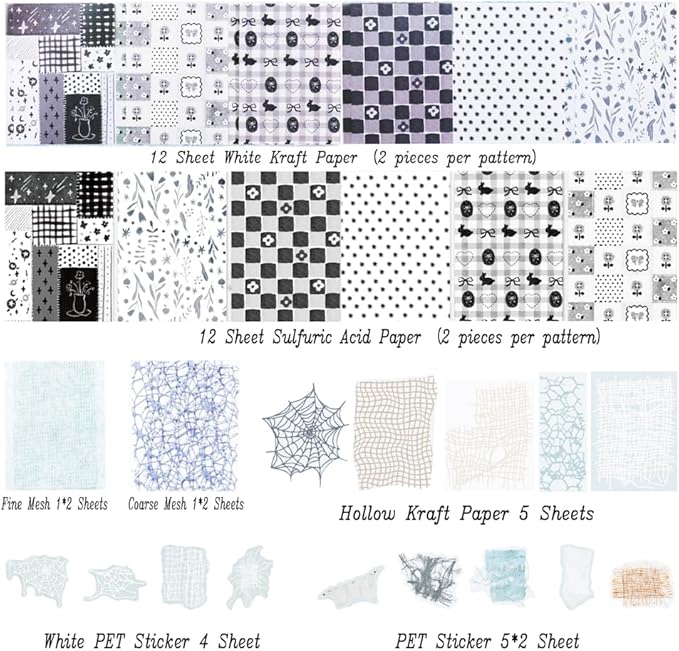 Diuhofart 47 Sheets Scrapbook Textured Papers for Crafts, Grey Theme Hollow Mesh Decorative Paper Sticker, Collage Materials for Junk Journaling Supplies, Scrap Book