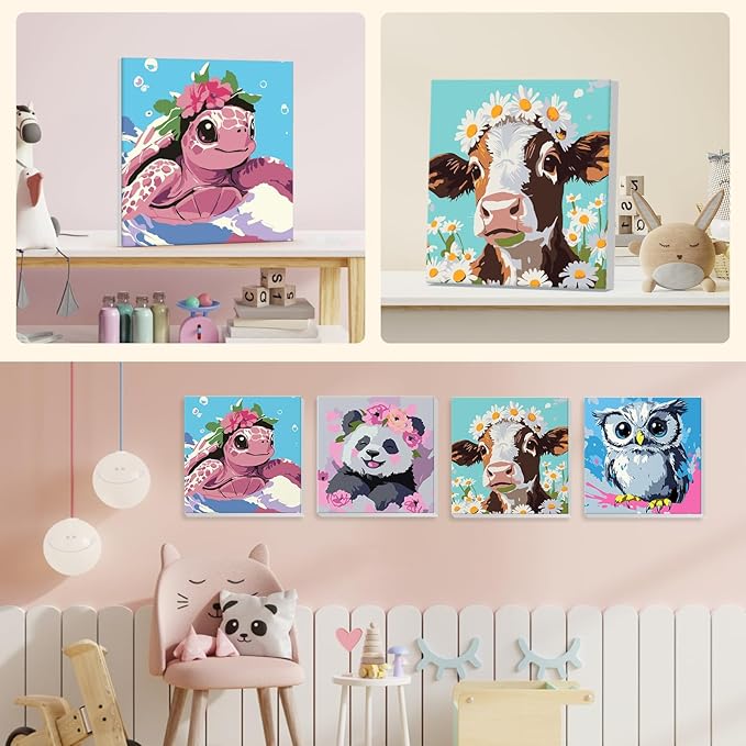 4 Pack Paint by Numbers for Kids with Wooden Framed, Watercolor Turtle, Cute panda, Owl, Cow, Paint by Number Kits on Canvas for Beginner, Acrylic Oil Painting Kits for Home Decor 8x8 inch, Animals