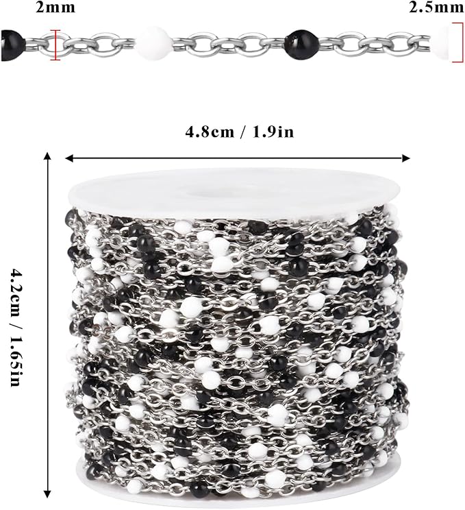 33 Feet Stainless Steel Enamel Chains Bulk, 2mm 304 Stainless Steel White Black Enamel Beaded Cable Link Chain Roll Spool for Jewelry Making