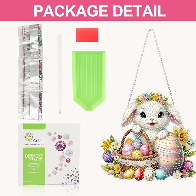CEOVR Easter Hanging Diamond Art for Adults, Easter Bunny Egg Diamond Painting Pendant DIY Rabbit Gem Art Wall Hanging Ornament, Acrylic Home Garden Decor with Chain, Box Kit 9.58×8.73inch